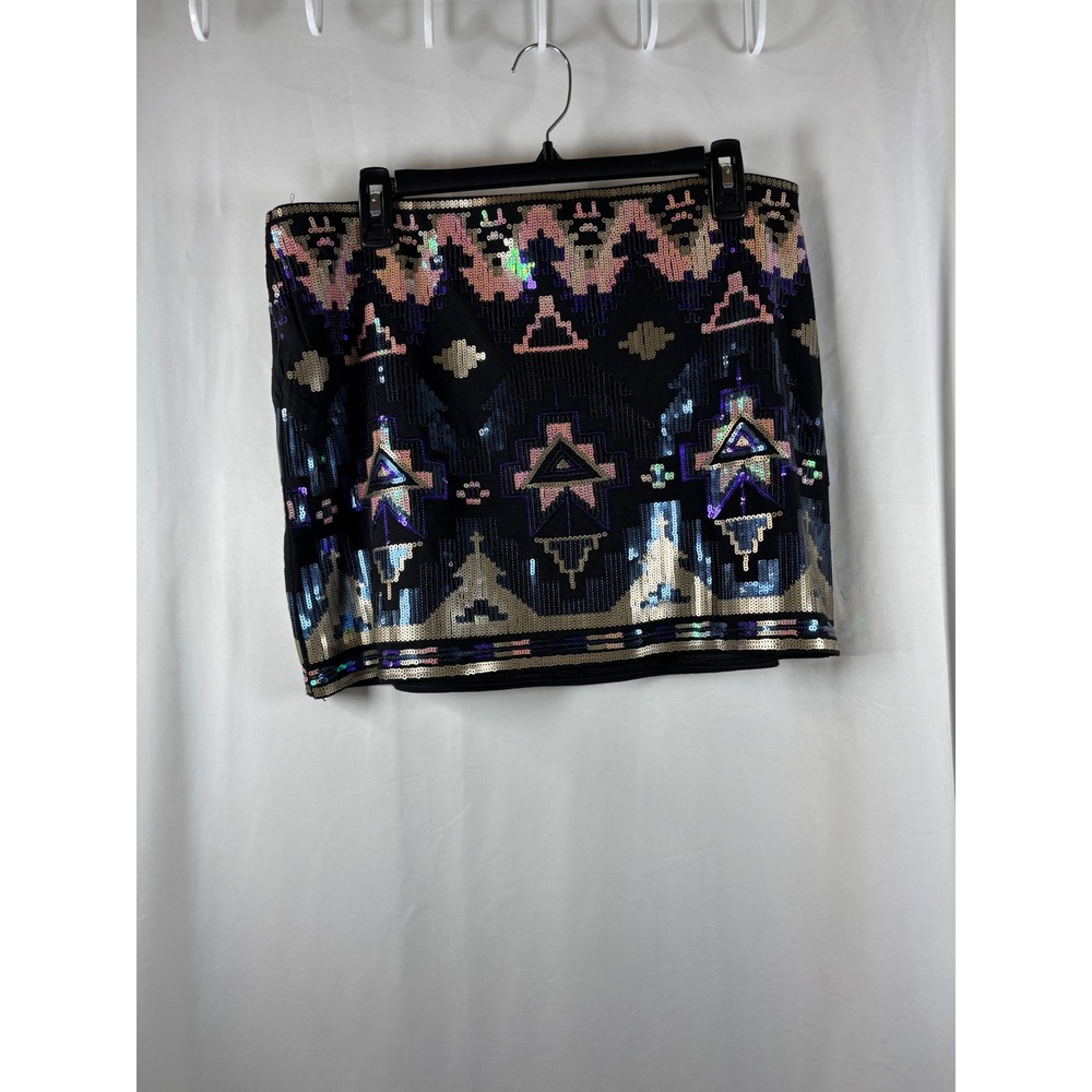 Express Womens Sequin Geometric Tribal Mini Skirt Black Blue Pink Gold Size L